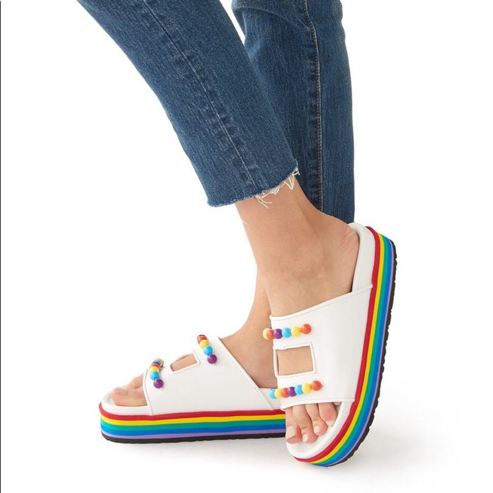 White & Rainbow Platform Beaded Sandals 🌈